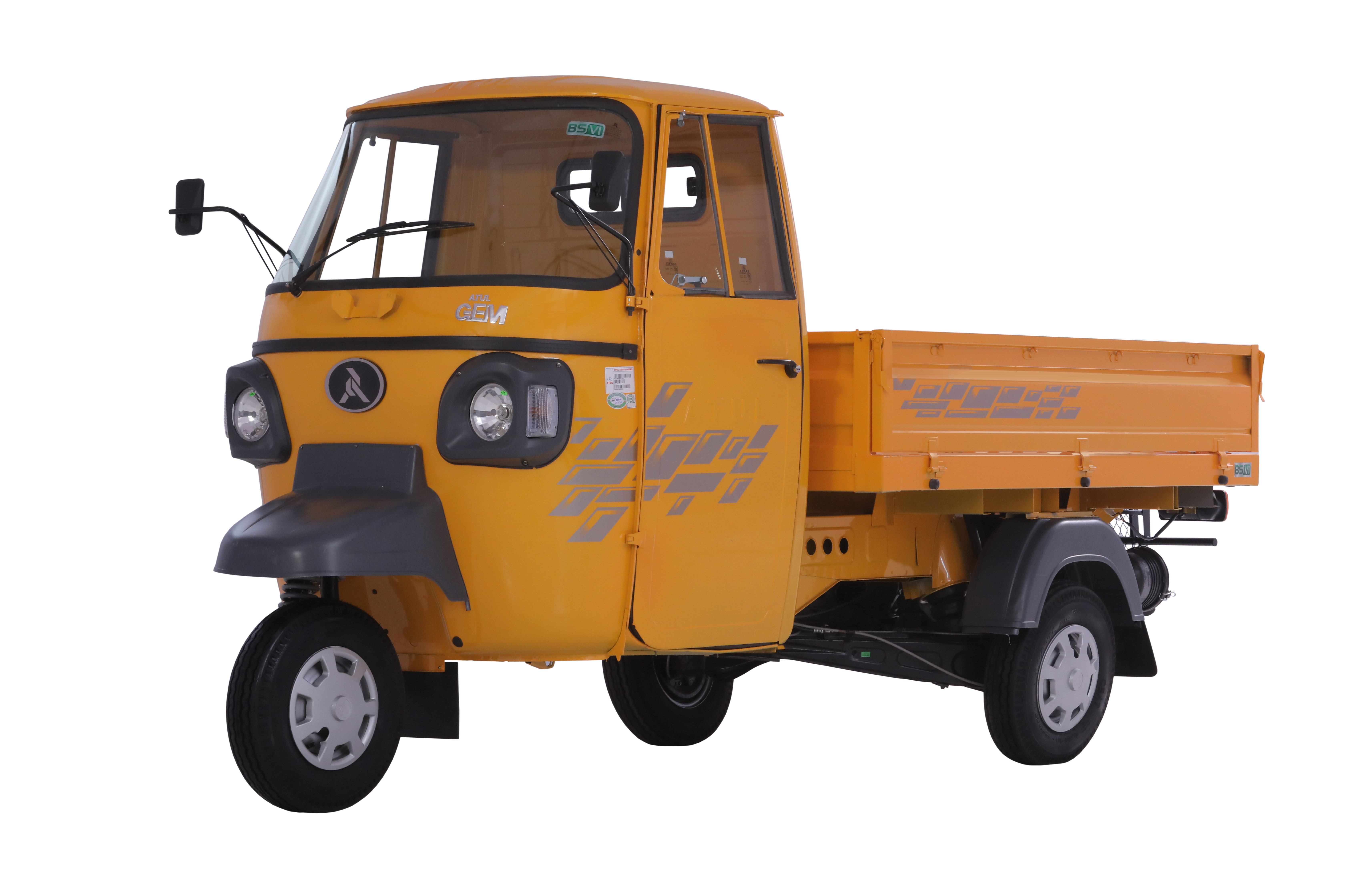 Atul GEM Cargo flatbed three-wheeler in yellow, built for commercial loads